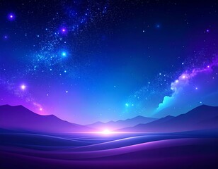 Surreal, starry vista with distant mountains and luminous dawn