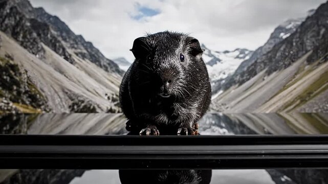 Black Guinea Pig Portrait with Stunning Mountain Lake Reflection Backdrop, Cute Pet Cavy in Studio