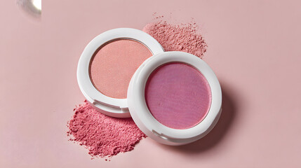 Pink blush on a pastel background with copy space. Cosmetic product background illustration.