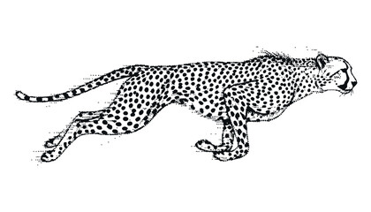 Striking black and white stylized drawing of a powerful cheetah sprinting with great speed © MARS