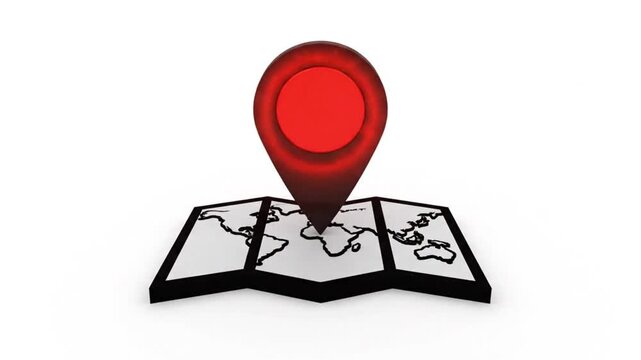 3d rendering of a black map pin with red center marking a location on a folded world map