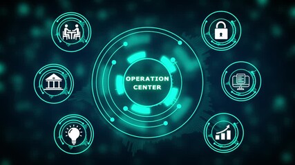 Operation center digital interface with interconnected icons and glowing teal effects on dark background Keywords: operation, center, digital, technology, network, connection, data, information - Powered by Adobe