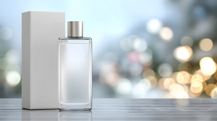 Empty white micellar water bottle mockup on a blurry background with copy space for text. Cosmetic product mockup background illustration.