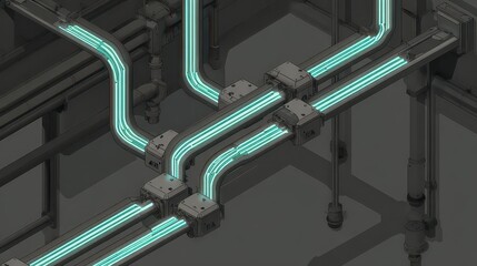 Isometric Perspective of Networked Pipes and Connectors Displaying Glowing Teal Lines on Dark Gray Background