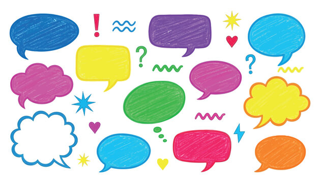 Collection of colorful hand drawn speech bubble shapes with communication symbols scattered randomly