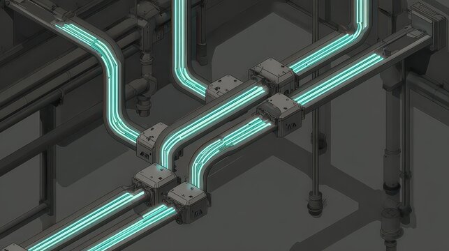 Isometric Perspective of Networked Pipes and Connectors Displaying Glowing Teal Lines on Dark Gray Background - Powered by Adobe
