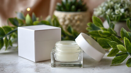 Mockup of a facial cream cosmetic product on a table with a blurred leaf background. Illustration of a cosmetic product mockup background.