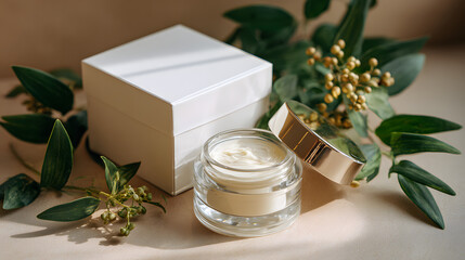 Mockup of a facial cream cosmetic product on a table with a blurred leaf background. Illustration of a cosmetic product mockup background.