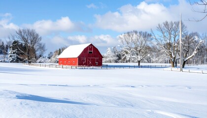 Red Barn in Winter Field.