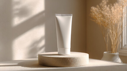 White skincare tube mockup on a podium against a white wall background with copy space for text. Cosmetic product mockup background illustration.