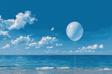 Pastel Pixel Art Of Blue Sky With Fluffy Clouds Over Calm Turquoise Ocean Waters And Single Floating Balloon On Sunny Day
