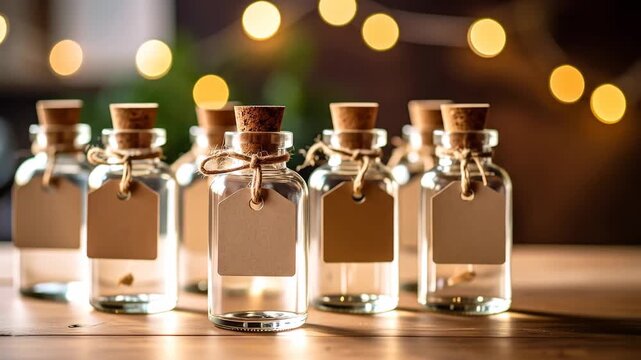 Small clear glass bottles with cork stoppers and blank tags on a wooden surface with warm bokeh lights.