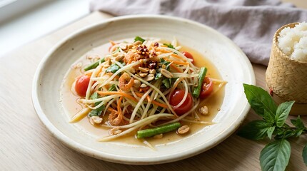 A vibrant som tam Thai salad with bright green papaya strands and glossy lime dressing sits centered on a simple plate creating an appetizing and authentic menu presentation