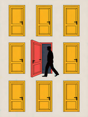 Silhouette Figure Jumping Through Yellow and Red Doors - Exploring Choices and Opportunities in Minimalist Vector Graphic Design