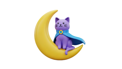 3D Cute Cat Sitting on Crescent Moon Wearing a Blue Cape on transparent background