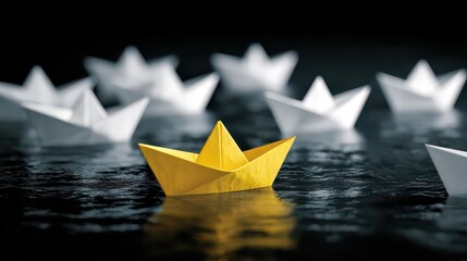 Yellow Paper Boat Floating Among White Boats on Dark Water Surface Leadership Concept