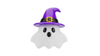 3D Cute ghost wearing a purple witch hat with a buckle on transparent background