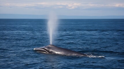 Obraz premium Majestic whale exhaling forcefully spouting water high into the air from its blowhole in the vast blue ocean