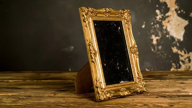 An antique golden mirror with a beautifully ornate frame and cracked glass stands on a rustic wooden table against a dark, textured wall.