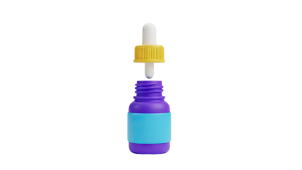 3D Dropper bottle with yellow cap and blue label on transparent background