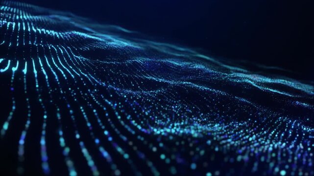 A futuristic digital wave pattern illuminated in blue against a dark background