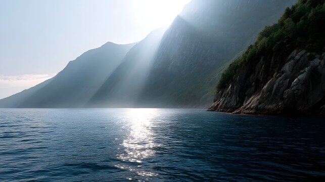 Sunlight streams through misty mountains illuminating a serene body of water creating a dramatic and tranquil natural landscape - Powered by Adobe