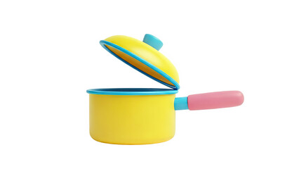 3D Bright yellow pot with open lid and pink handle on transparent background
