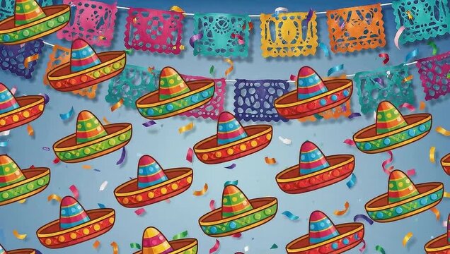 Colorful Sombreros and Papel Picado Festive Background.