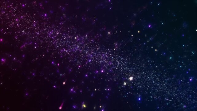 A vibrant, sparkling cosmos scene featuring stars and particles in a dark, celestial environment viewed from a distant perspective