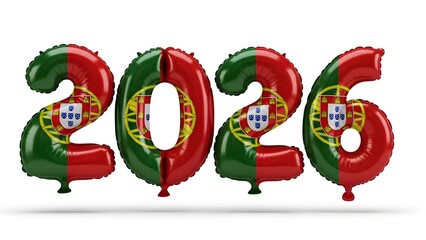 Glossy Inflatable 2026 Balloon Numbers with Portuguese Flag Pattern Isolated on White Background