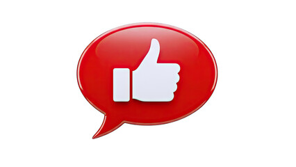 3D Red speech bubble with white thumbs up icon on transparent background