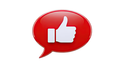 3D Red speech bubble with white thumbs up icon on transparent background