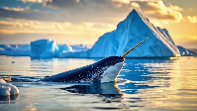 Arctic Narwhal Surfacing in Glacial Waters Under a Vibrant Sunset Sky, a Peaceful Scene