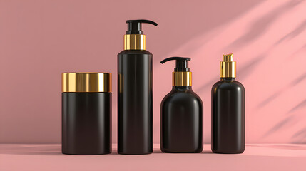 Black and gold cosmetic bottles on a pink background with shadows. Beauty product brand mockup background illustration.
