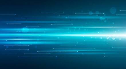Futuristic abstract blue background with horizontal motion blur light streaks and glowing dotted data lines.