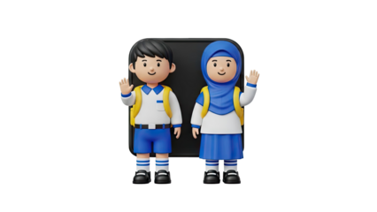 3D Children waving hello wearing school uniform with backpacks on transparent background
