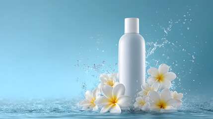 A plain white cosmetic product mockup on a light blue background with water splashes and jasmine flowers with a copy space for text. A beauty product packaging mockup background illustration.