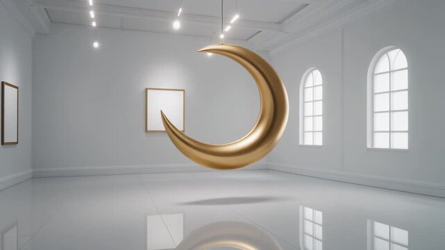 Golden crescent moon floating in modern art gallery