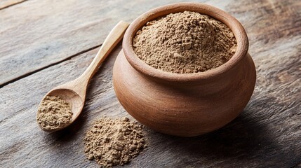 clay. Traditional clay pot with brown herbal powder and wooden spoon on simple background. menu design, packaging mockups, designed for culinary blogs and recipe cards for restaurants.