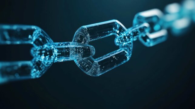 abstract representation of a blockchain, with crystalline, interconnected blocks pulsing with a secure, cool blue light, shallow depth of field, macro photography, extremely detailed. 