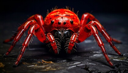 Vibrant Red Spider Macro Photography - Arachnids Detailed Close-Up on Dark Surface.