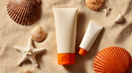 White sunscreen product packaging on a beach sand background. Cosmetic product mockup background illustration.
