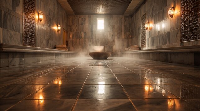 unanimity. Traditional Turkish bath interior with marble floor and central heated stone emitting steam. real-estate listings.