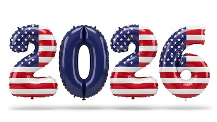 Glossy Inflatable 2026 Balloon Numbers with United States Flag Pattern Isolated on White Background