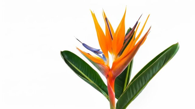 A striking tropical flower with vibrant orange and blue petals and lush green leaves against a clean white background.