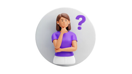 3D Woman Thinking with Question Mark on transparent background