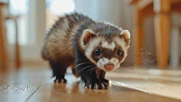 Adorable ferret exploring indoors, captured in dynamic action on a wooden floor