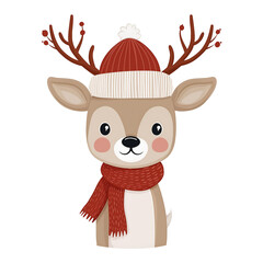 Cute cartoon deer wearing a red hat and scarf, perfect for winter themed designs and children's artwork.