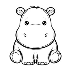 Cute cartoon hippopotamus character in a simple black and white illustration.
