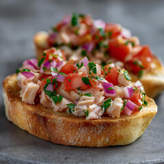 Delicious bruschetta topped with fresh tomatoes, herbs, and onions, perfect for appetizers or light snacks.